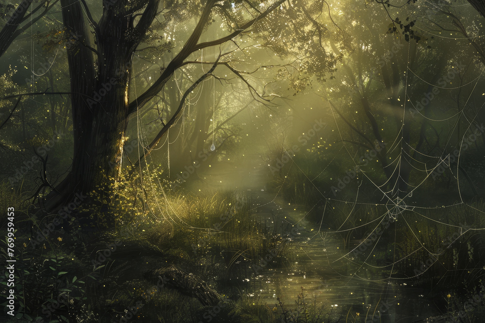 Poster a forest scene with a spider web in the foreground