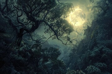 Dreamy moonlit fantastical forest with gnarled trees - A magical full moon shines over an otherworldly forest with twisted ancient trees