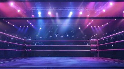 Empty Boxing Ring with Vibrant Lights - An image capturing an empty boxing ring under vibrant stage lights, invoking a sense of anticipation and excitement