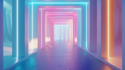 Dynamic neon-lit corridor with a warm spectrum - An atmospheric image of a corridor dramatically lit with neon lights creating a warm and inviting spectrum of colors