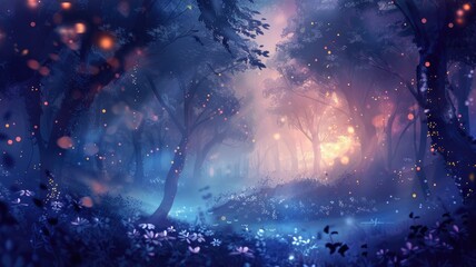 Enchanted forest with glowing fireflies at dusk - A mystical and serene view of a forest at twilight with sparkling fireflies and ambient light creating a dreamy atmosphere - obrazy, fototapety, plakaty