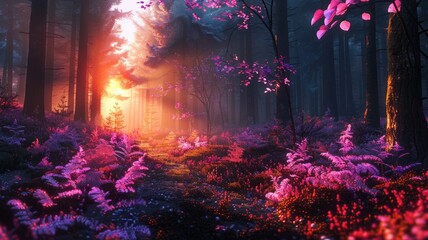 Enchanted forest with colorful flora and sunbeams - Sunlight filters through the trees in a vibrant, ethereal forest full of colorful plants