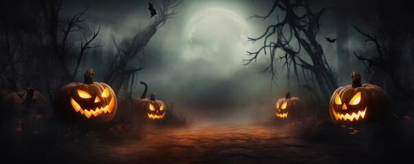 Scary Halloween pumpkins dark background. Halloween background, copy space for text. - obrazy, fototapety, plakaty