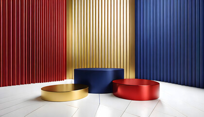 Set of yellow, dark blue and red realistic 3d cylinder pedestal podium on white table. Generative...