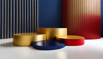 Set of yellow, dark blue and red realistic 3d cylinder pedestal podium on white table. Generative...