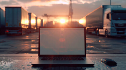 Fototapeta premium A solitary laptop on a reflective wet surface with trucks and containers in the background at sunset