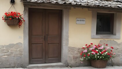 A Wooden Door With A Basket Of Flowers Hanging On