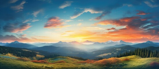 An art piece capturing the vibrant colors of a sunset over a mountain range, with clouds adding drama to the natural landscape - obrazy, fototapety, plakaty