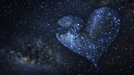 Extreme close-up of heart-shaped constellation formed by stars against a black night sky, space for customization. - obrazy, fototapety, plakaty