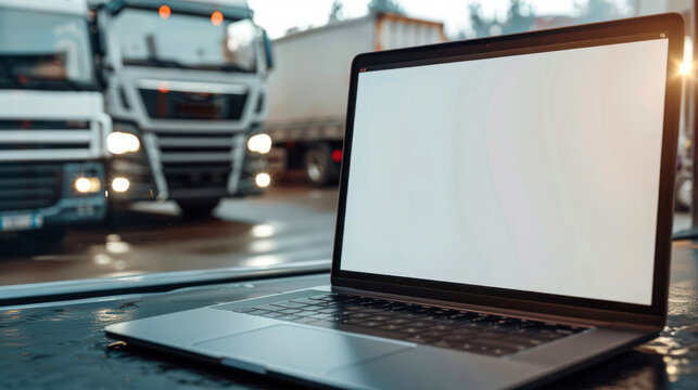 A close-up of a sleek laptop with a blank white screen, with the blurred image of industrial trucks behind it