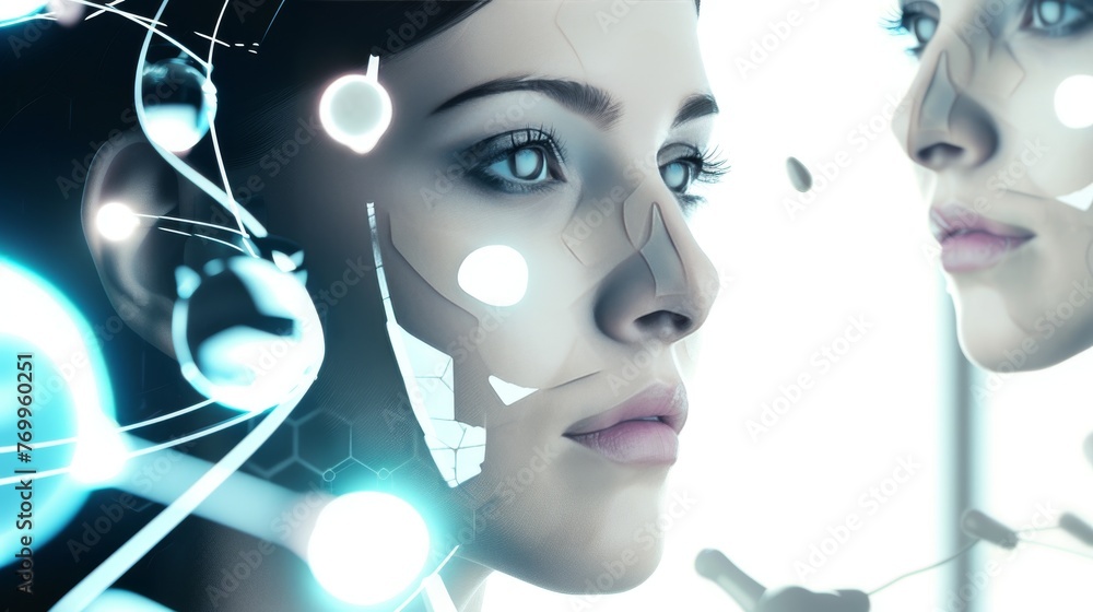 Poster an artistic rendering of a woman's face partially integrated with digital cyber elements in a sci-fi