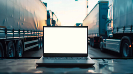 A well-composed image with a laptop set against a backdrop of a row of trucks at sunset, denoting the blend of technology and industry