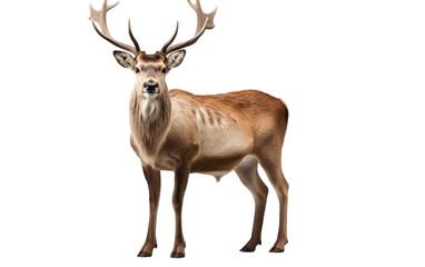 A majestic deer with large antlers stands gracefully against a stark white background