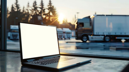 A laptop on a desk with a clear, blank white screen, situated in a logistic hub with trucks dimension