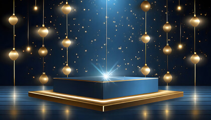 Square dark podium for product presentation with line flying lamps around, 3d realistic. Generative AI.