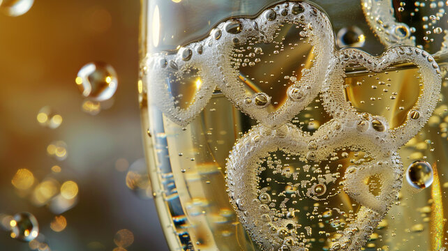 Extreme close-up of heart-shaped bubbles in a glass of champagne, perfect for text insertion.