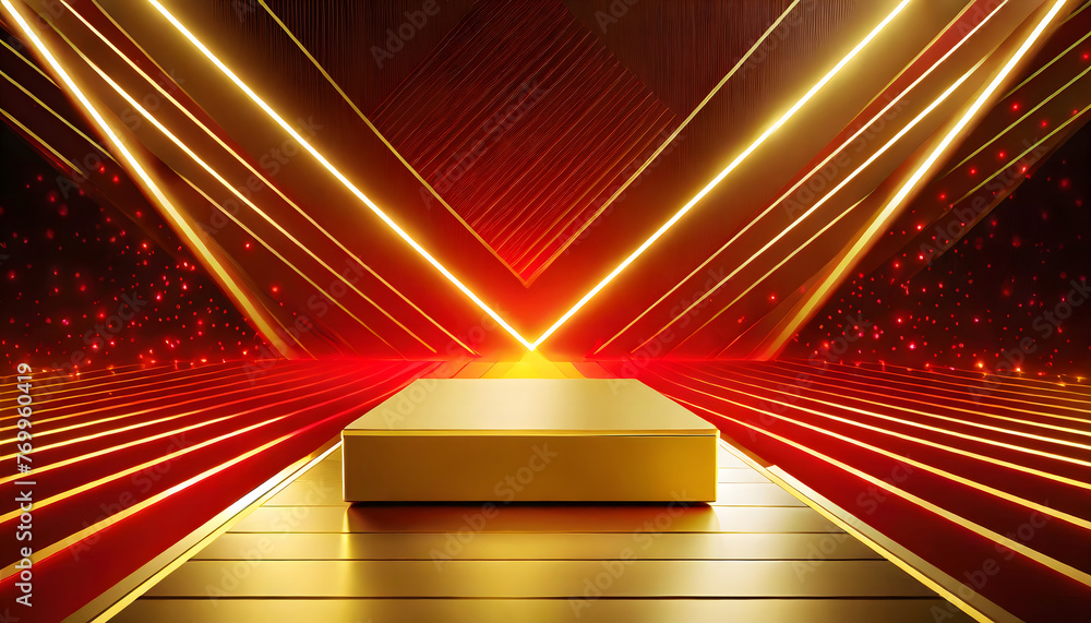 Aufkleber square podium with red neon light on the way background, backdrop for display product on sal. genera