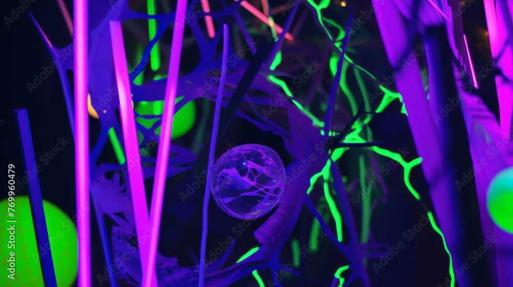Poster a mystical forest scene illuminated in neon with glowing sticks and a crystal ball center, creating 