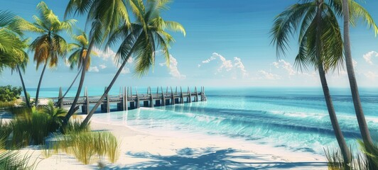palm on a beautiful tropical sand beach, sunny weather - obrazy, fototapety, plakaty