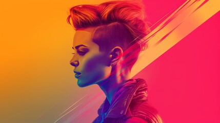 Model woman with mohawk haircut with abstract colours and background.