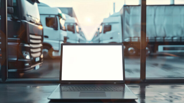 A compelling image capturing a laptop with a blank screen on an office desk framed by trucks at a rest stop, suggesting remote work or logistics