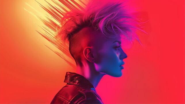 Model woman with mohawk haircut with abstract colours and background.