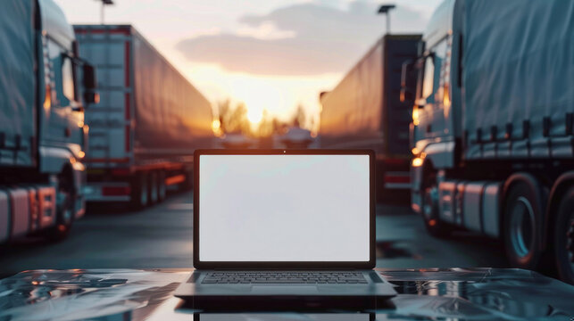 This image captures a laptop on a desk backed by the warm hues of a sunset with trucks implying logistics and end of a workday theme