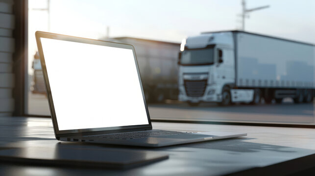 A neat image portraying logistic operations with a laptop foreground and trucks lined up at a distance, merging technology with transportation
