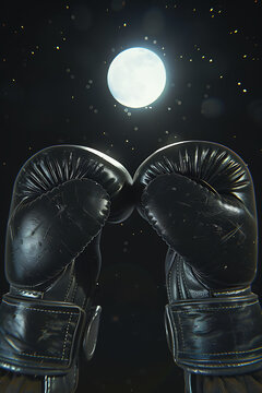 Two black boxing gloves touching in the ring.