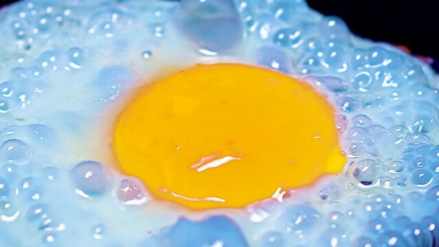 Sunny side up poached egg on a skillet or pan egg yolk close shot