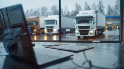 A professional atmosphere is evoked with a laptop, notebook, and pen ready for logistics planning amidst a backdrop of trucks on a rainy day