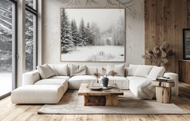 A modern living room with white sofa and wood coffee table. Wall art of snow forest