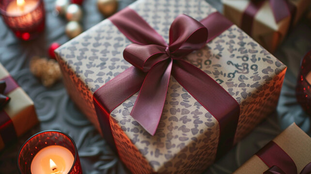 Macro photograph capturing the intricate patterns of a kraft paper gift box, accentuated by a crimson ribbon and candlelight.