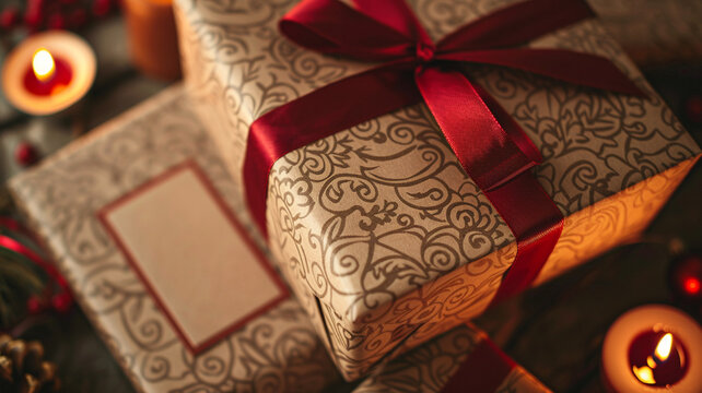 Macro photograph capturing the intricate patterns of a kraft paper gift box, accentuated by a crimson ribbon and candlelight.