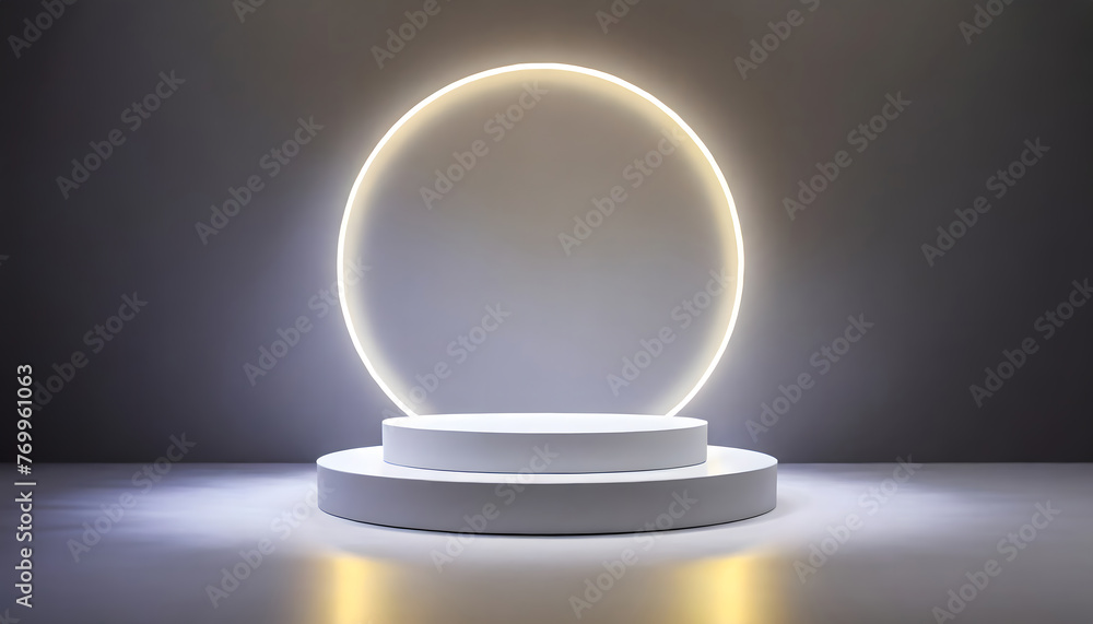 Poster white and gray round stand product podium set 3d background with glowing neon ring scene.. generativ