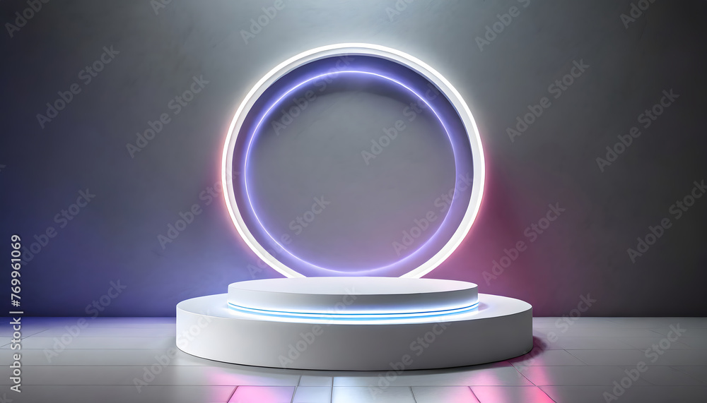 Aufkleber white and gray round stand product podium set 3d background with glowing neon ring scene.. generativ