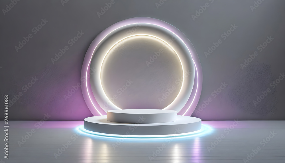 Poster white and gray round stand product podium set 3d background with glowing neon ring scene.. generativ