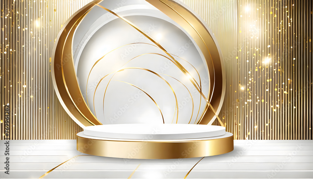 Poster white podium display product and sparkle golden curve line element, realistic 3d luxury styl. genera