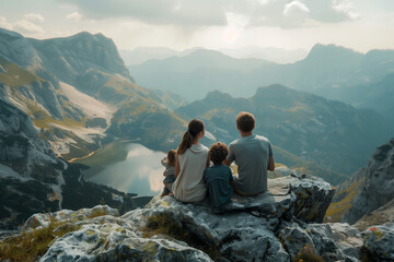young family, husband, wife and two children sitting on a mountainside, back view of people having a rest in the fresh air, family values concept - obrazy, fototapety, plakaty