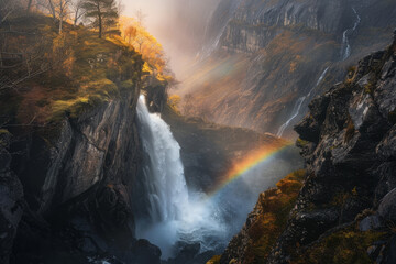 A waterfall with a rainbow in the sky
