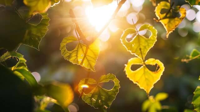 Macro shot of heart-shaped patterns formed by sunlight filtering through leaves, customizable label space.