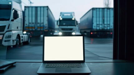 Laptop with a blank white screen on a desk in the foreground, with an illuminated truck approaching in the background at dusk