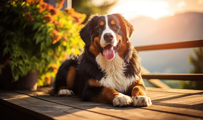Happy Bernese Mountain dog lies on the wooden porch - obrazy, fototapety, plakaty