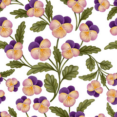 Violets, the process of drawing flowers, seamless pattern for fabric, paper, wallpaper, textiles, packaging, bed linen design, tablecloths, kitchen textiles, print, botanical patterns for decoration