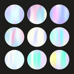 Gradient round set with holographic mesh. Abstract hologram. Hipster gradient round set. Minimalistic 90s, 80s retro style graphic template for placard, presentation, banner, brochure.