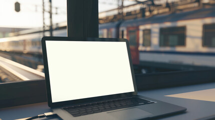 A mockup image with an open laptop displaying a white screen on a train station platform during daytime