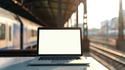 A professional mockup of an open laptop with a blank screen to add your own content, placed at a train station