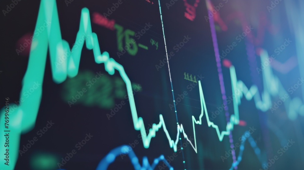 Poster an abstract representation of financial data with glowing graphs and charts against a dark backgroun