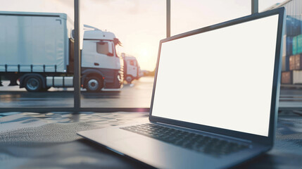 In bright sunlight, a laptop and smartphone sit on a metallic desk with trucks in the blurry background, denoting a blend of technology and transportation