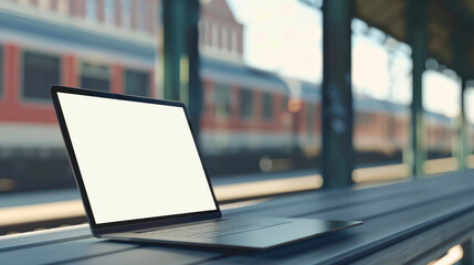A digital tablet with a blank screen sits on a bench at an empty train station platform with passing trains - obrazy, fototapety, plakaty